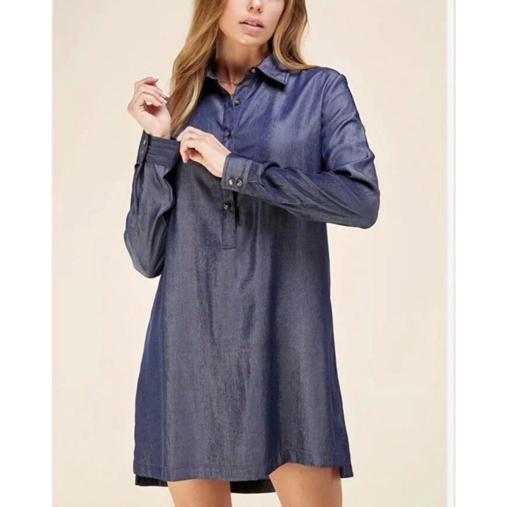 Indigo Chambray Long Sleeve Shirt Dress Tunic Blue medium